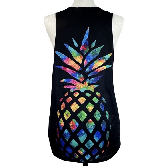 Colorful Pineapple Print Tank Top Womens Sz L Black Sleeveless Tropical Rainbow - Picture 2 of 12